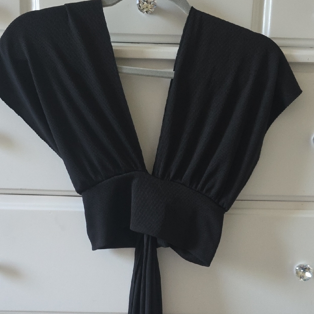 SHEIN Black Dolman Sleeve Tie Front Blouse